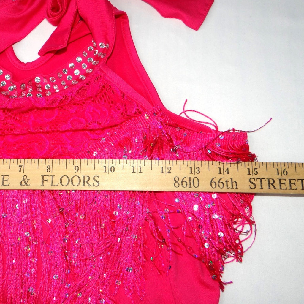 Hot Pink Sequins Fringe Halter Dance Dress Costume with Arm Fringe Bands