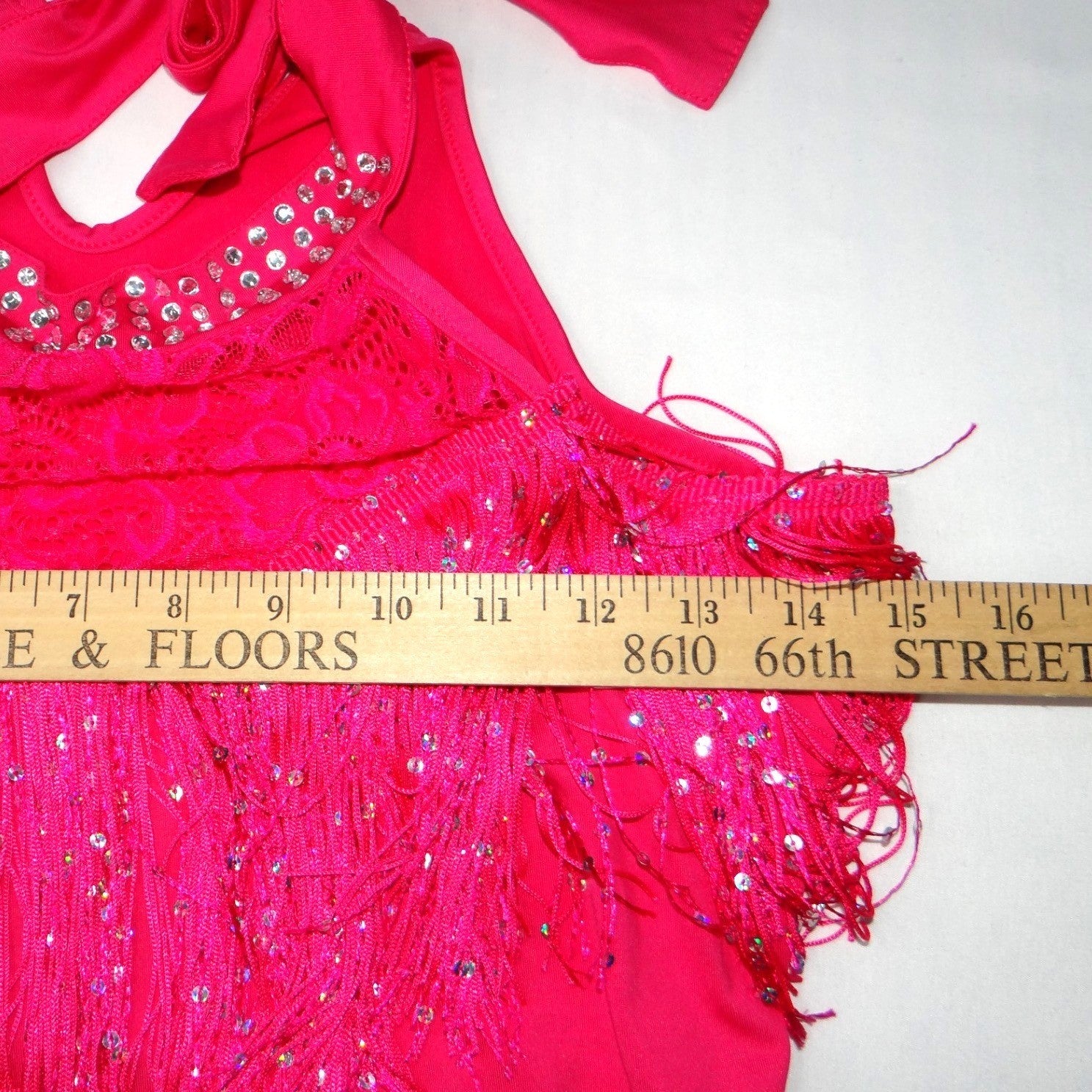 Hot Pink Sequins Fringe Halter Dance Dress Costume with Arm Fringe Bands
