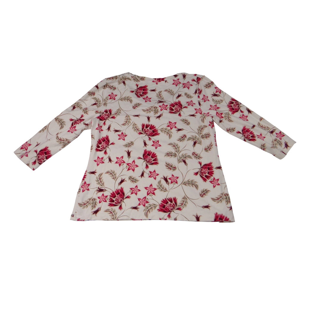 Vintage Croft & Barrow Stretch Floral Print 3/4 Sleeve Top Shirt White Pink M