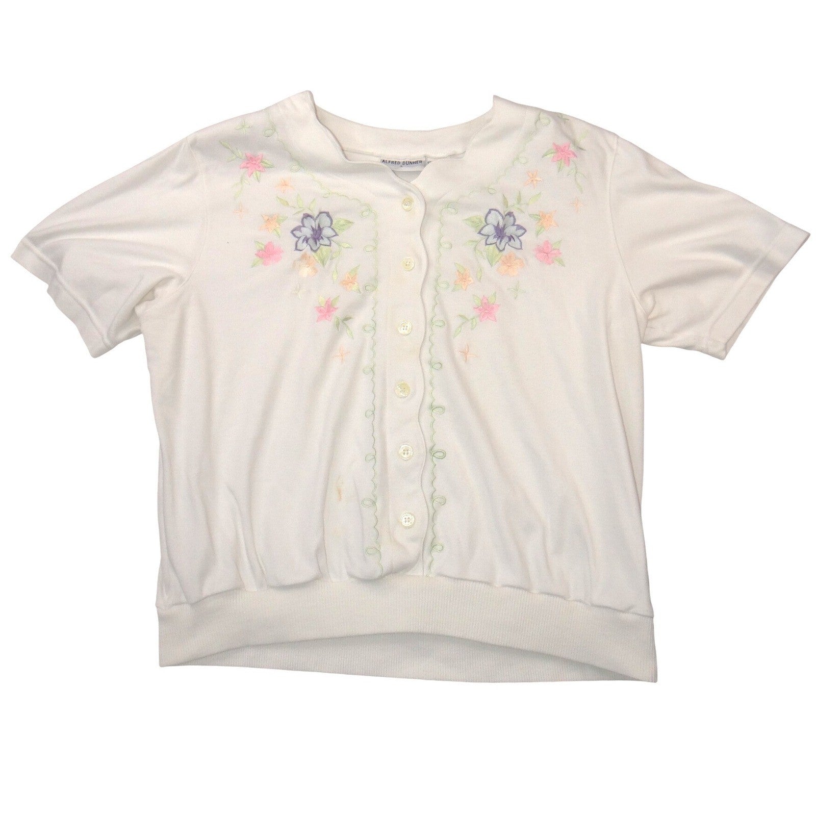 VTG Alfred Dunner Women White Floral Embroidered Button Front Short Sleeve Top L