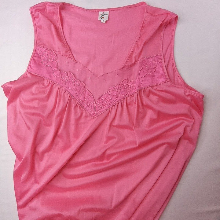 Vintage Princess Lingerie Pink Satin Nightgown Pearl Buttons Sheer Trim Size L
