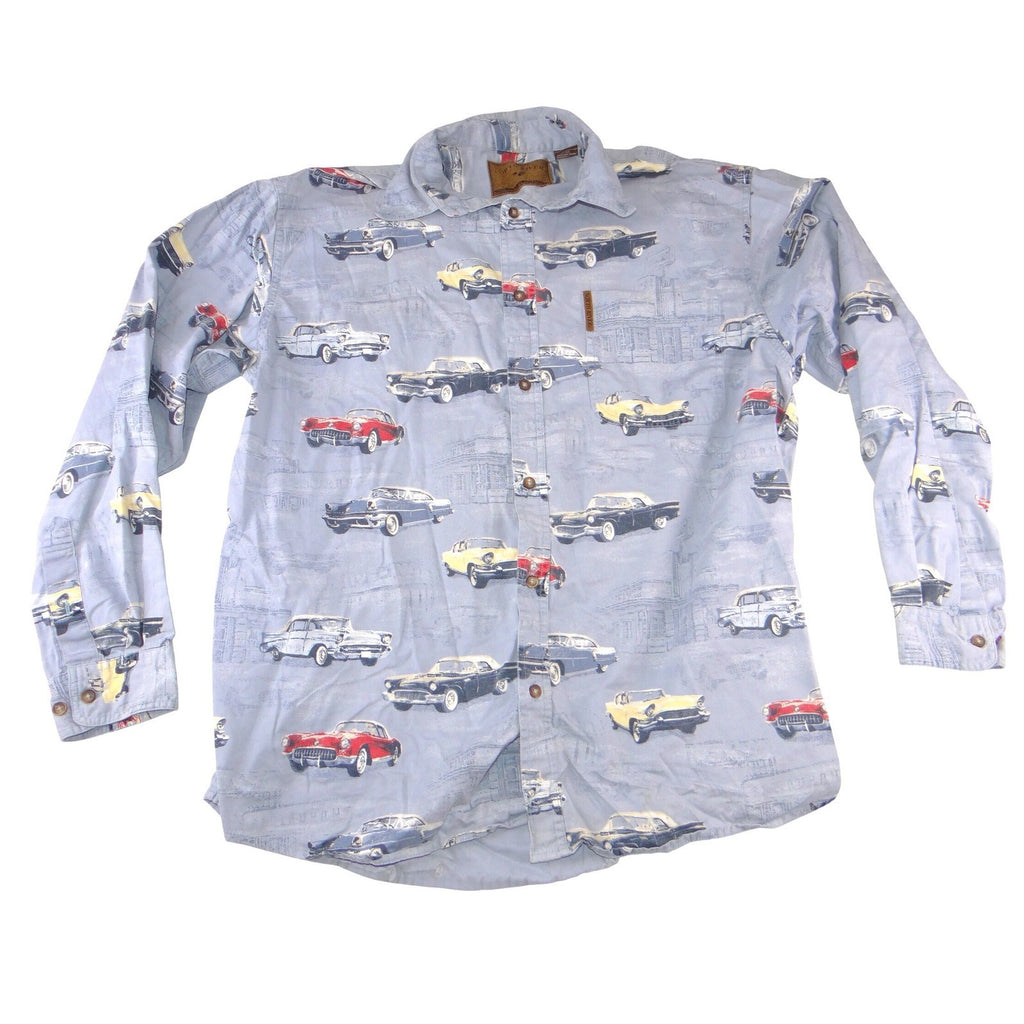 North River Outfitters Mens Blue Vintage Car Print Cotton Button Down Shirt L