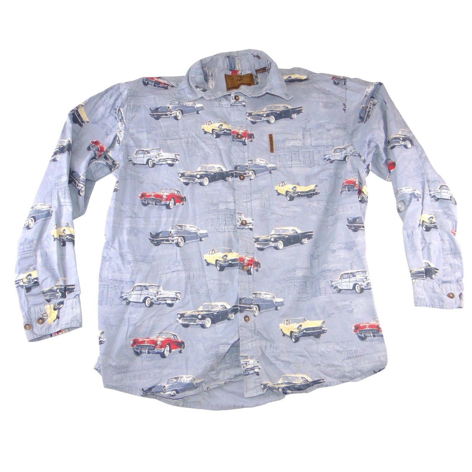 North River Outfitters Mens Blue Vintage Car Print Cotton Button Down Shirt L