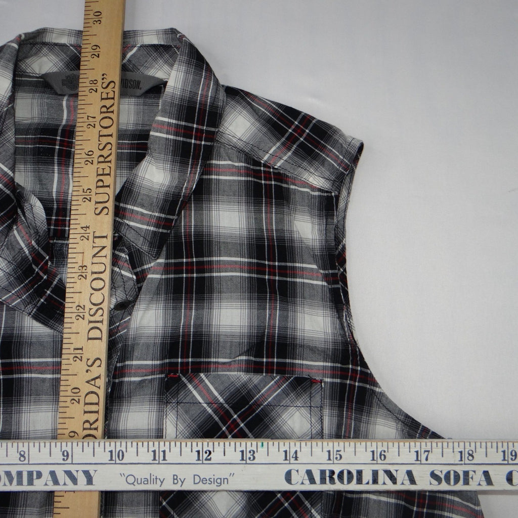 Harley Davidson Womens Sleeveless Plaid Shirt HDMC Button Up Black White Red