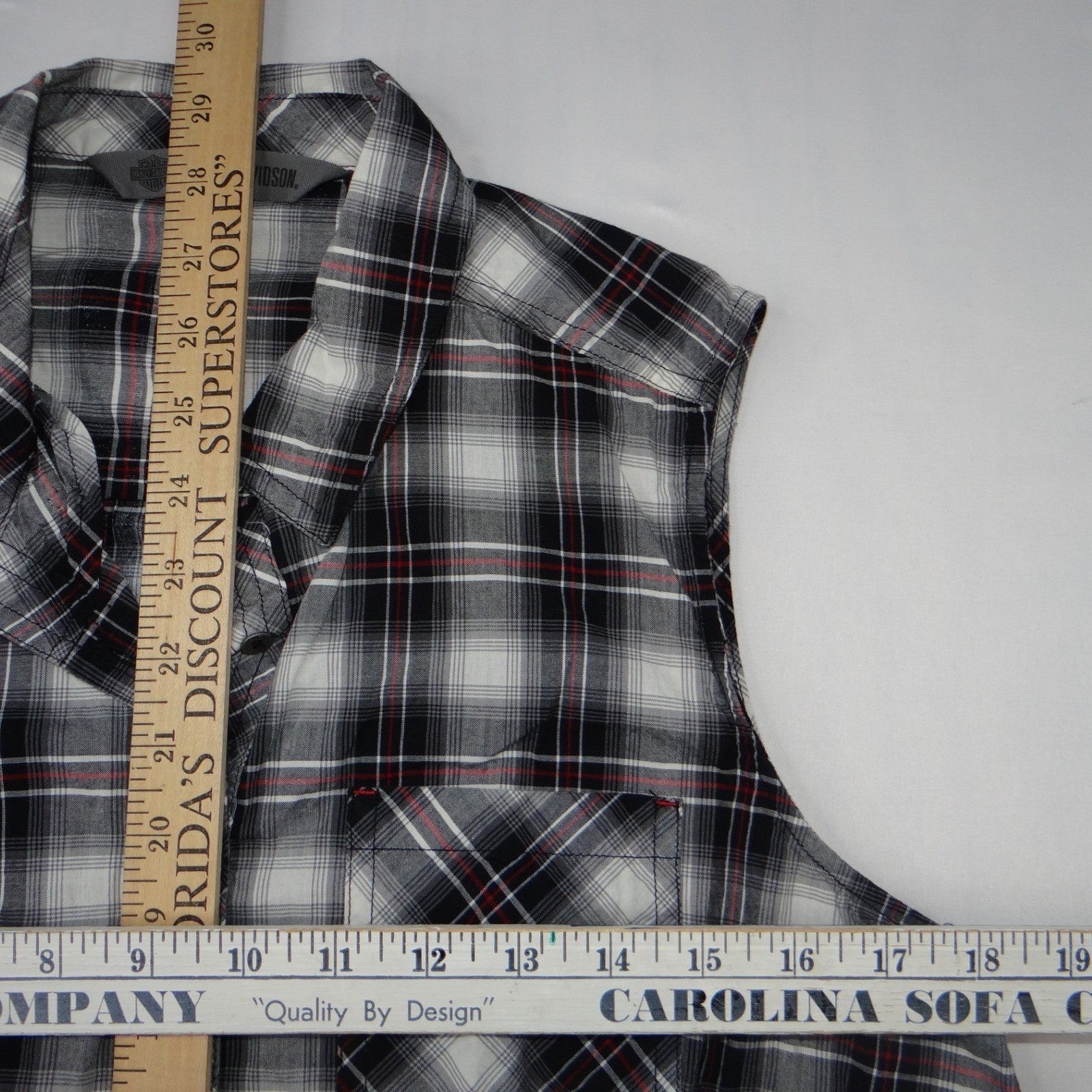 Harley Davidson Womens Sleeveless Plaid Shirt HDMC Button Up Black White Red