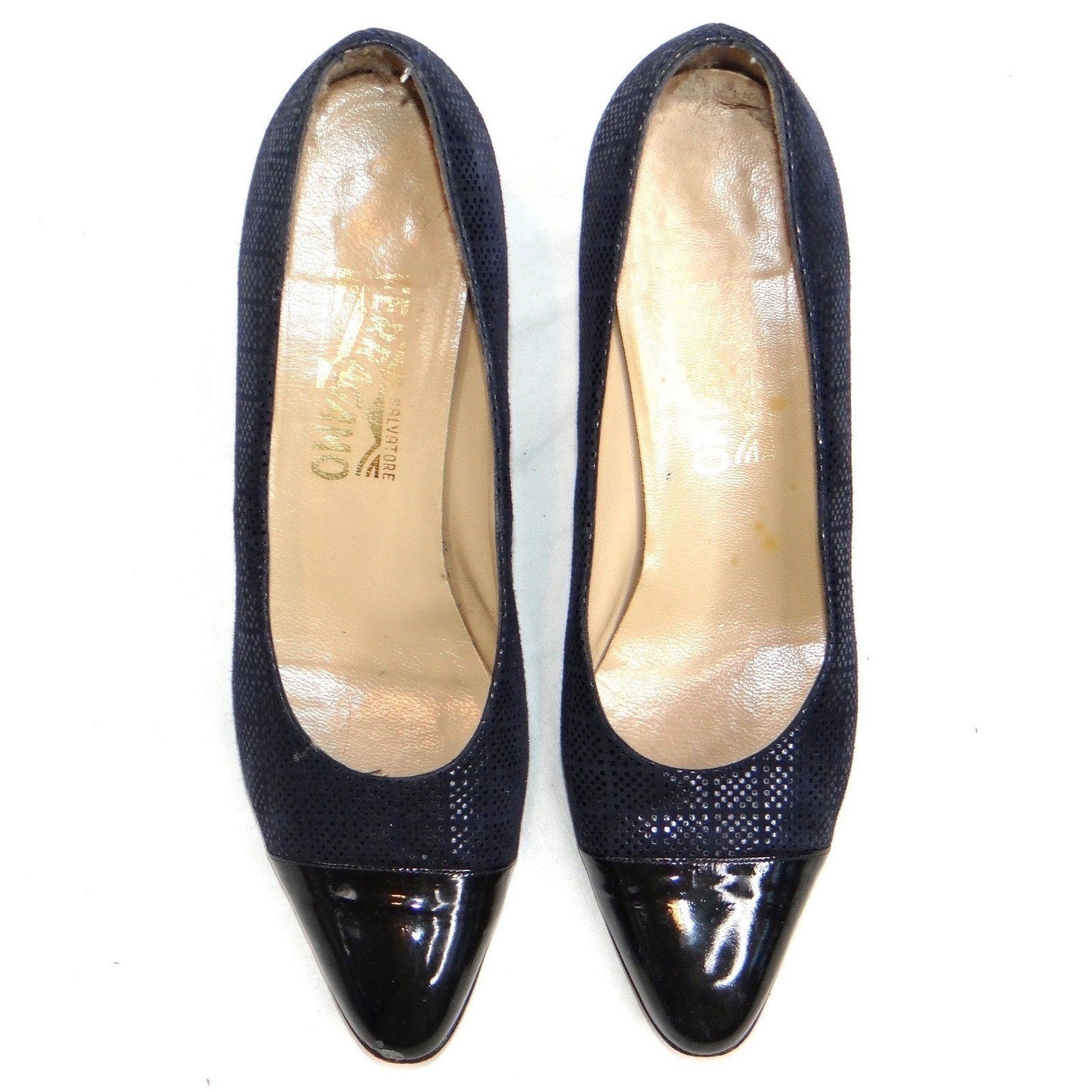 Salvatore Ferragamo Navy Suede Cap Toe Block Heel Pumps Shoes Womens Size 9 AA