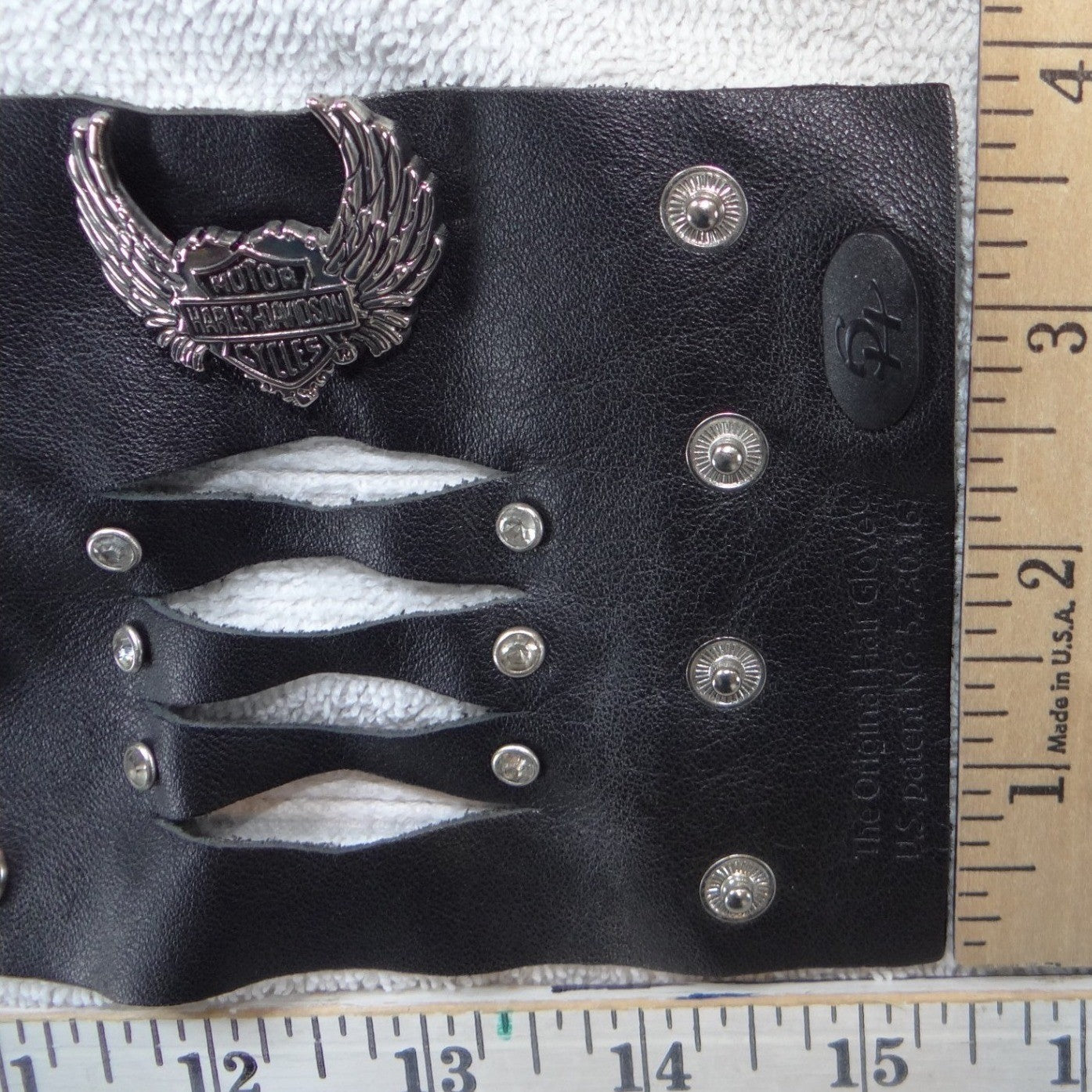 Harley-Davidson Black Leather Winged Heart Hair Glove Ponytail Wrap Rhinestone