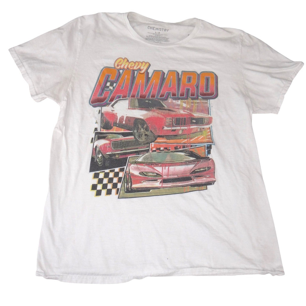 Chemistry Chevy Camaro Graphic T-Shirt Mens Large White Cotton Car Racing Tee