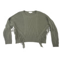 No Comment Womens Olive Green Cable Knit Fringe Sweater Crew Neck Pullover L