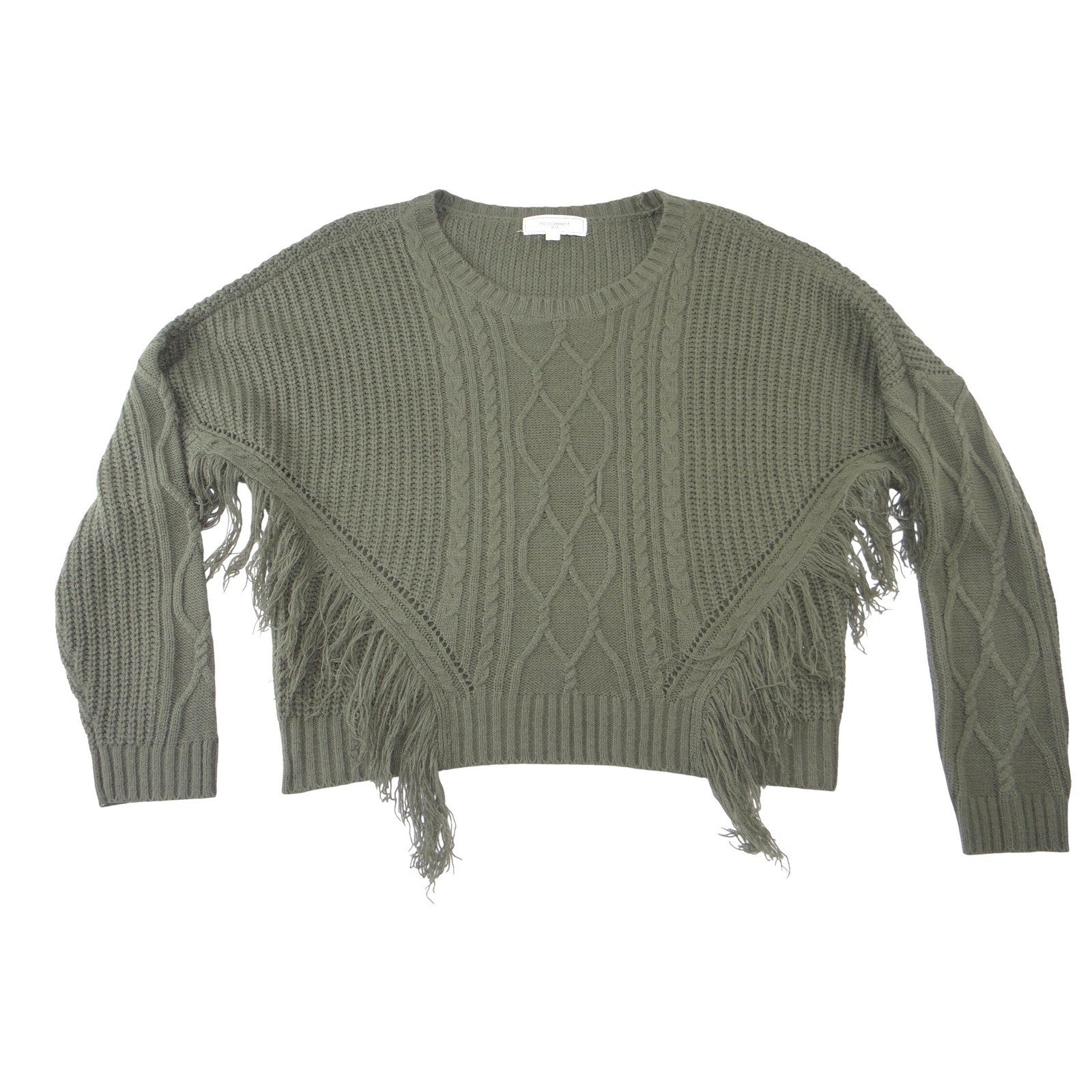 No Comment Womens Olive Green Cable Knit Fringe Sweater Crew Neck Pullover L