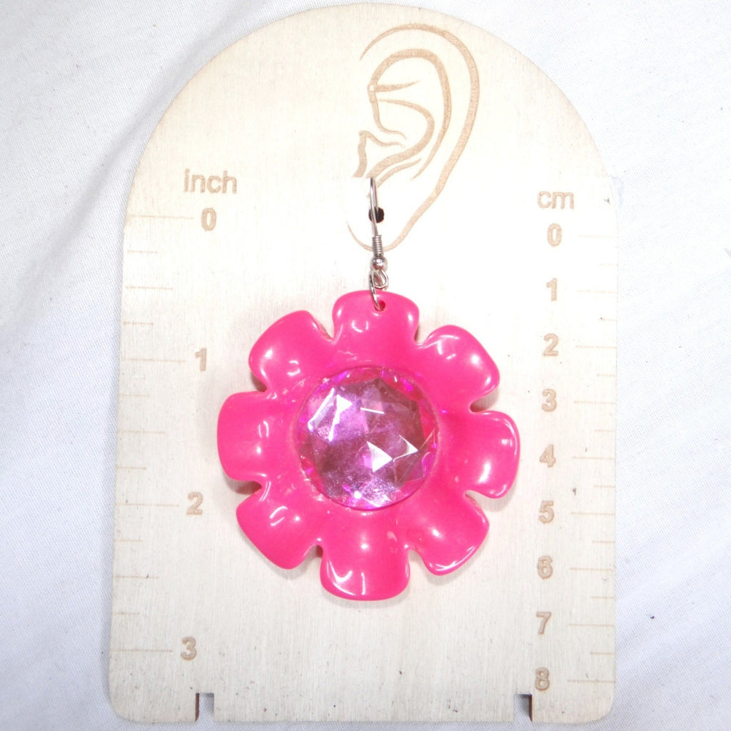 Vintage Estate Hot Pink Flower Gem Dangle Earrings Women's Fun Fashion Jewelry