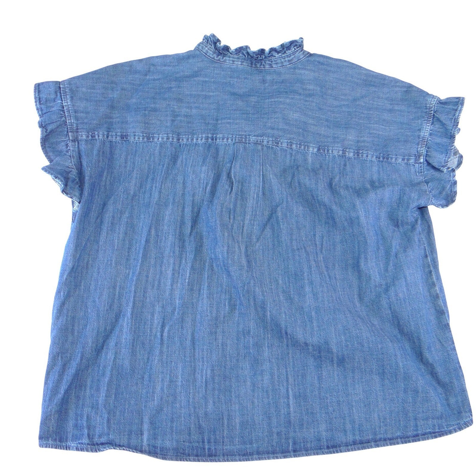 Free Assembly Womens XXL Blue Denim Ruffle Collar Short Sleeve Button Down Shirt