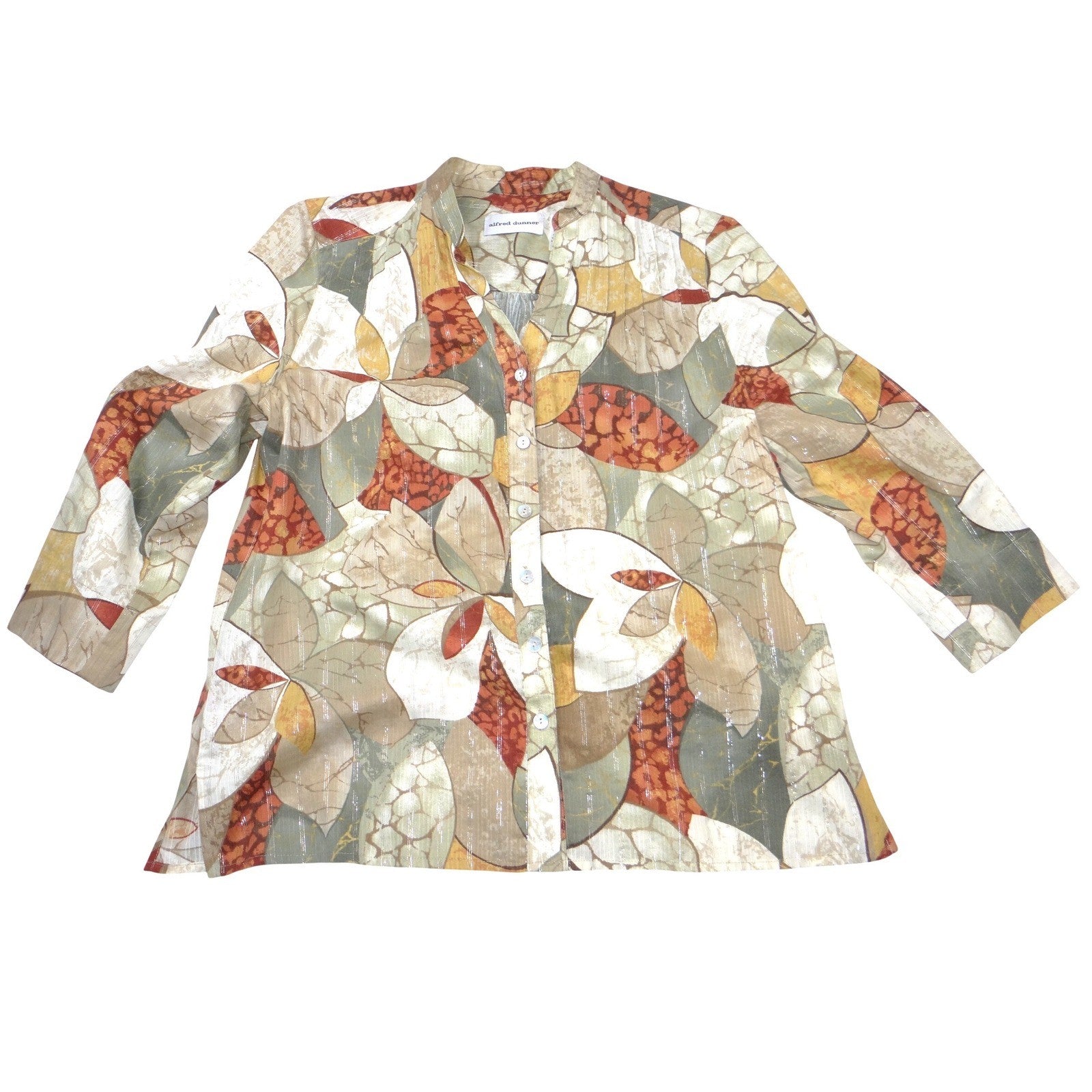 Alfred Dunner Vintage Women Sz 12 Floral Button Front Blouse Metallic Green Rust