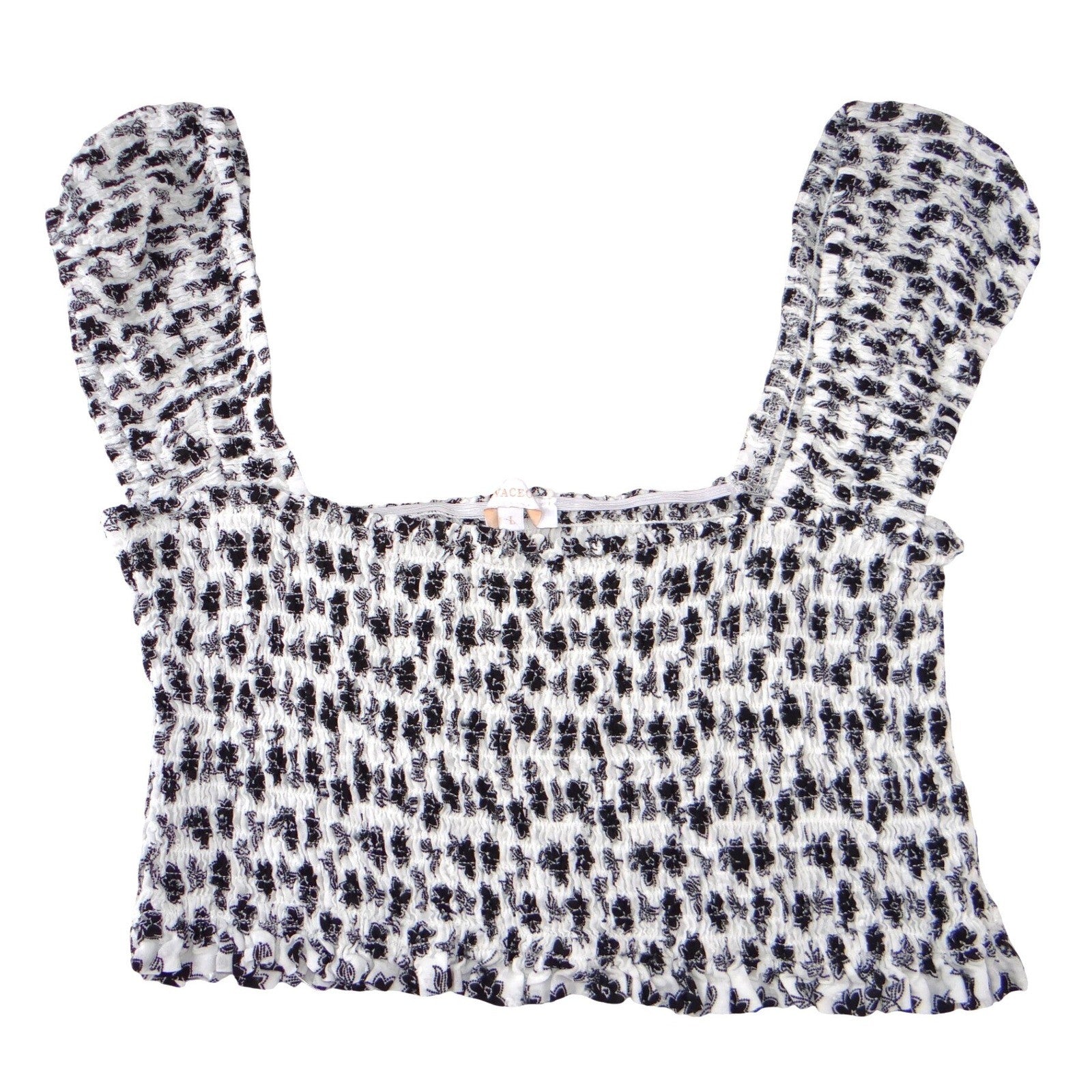 Olivace Black White Floral Smocked Crop Top Square Neck Wide Strap Size L
