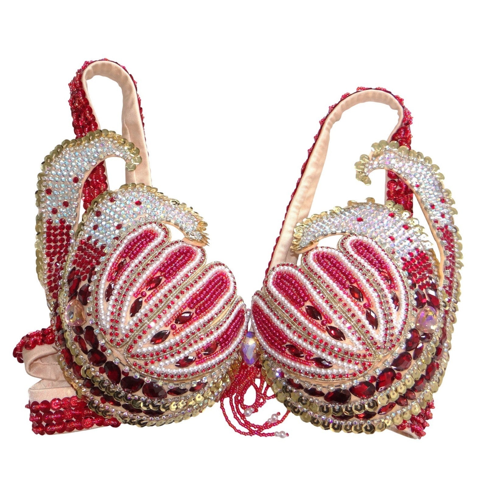 Red Gold Beaded Sequin Rhinestone Mermaid Shell Bra Top Festival Dance Small