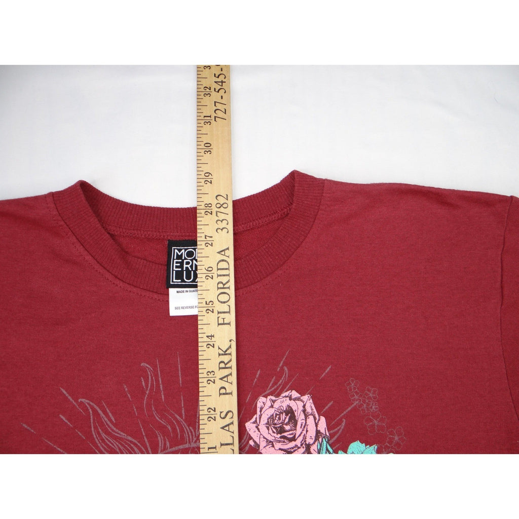 Modern Lux Sun Floral Graphic T Shirt Burgundy Cotton Poly Blend S M