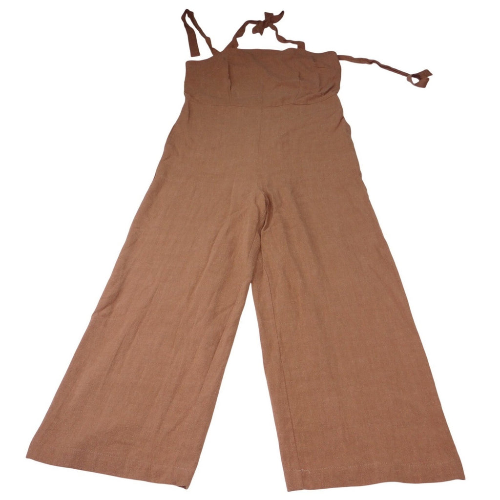 NWT-Universal Thread Women Brown Wide Leg Jumpsuit Smocked Tie Neck Size M