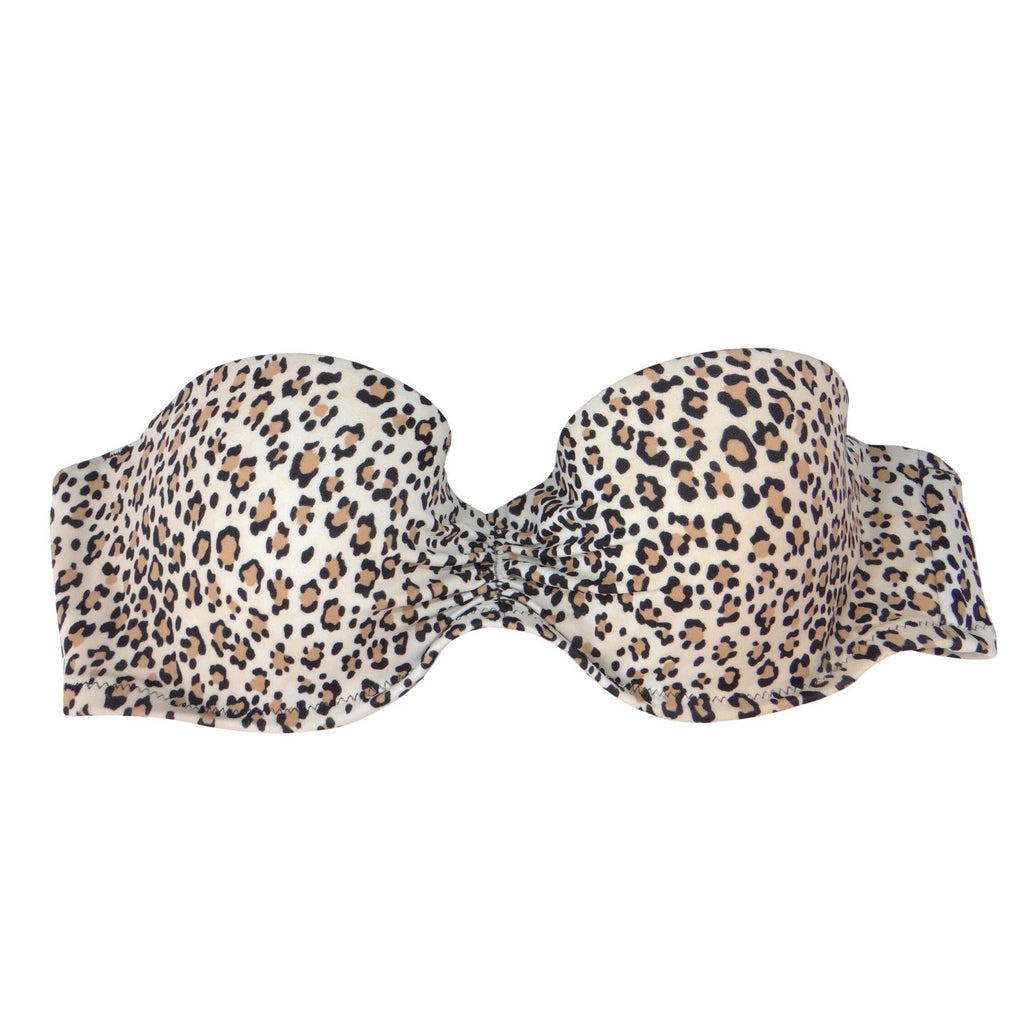 Leopard Print Bandeau Bikini Top Tan Black Strapless Padded Swim Top