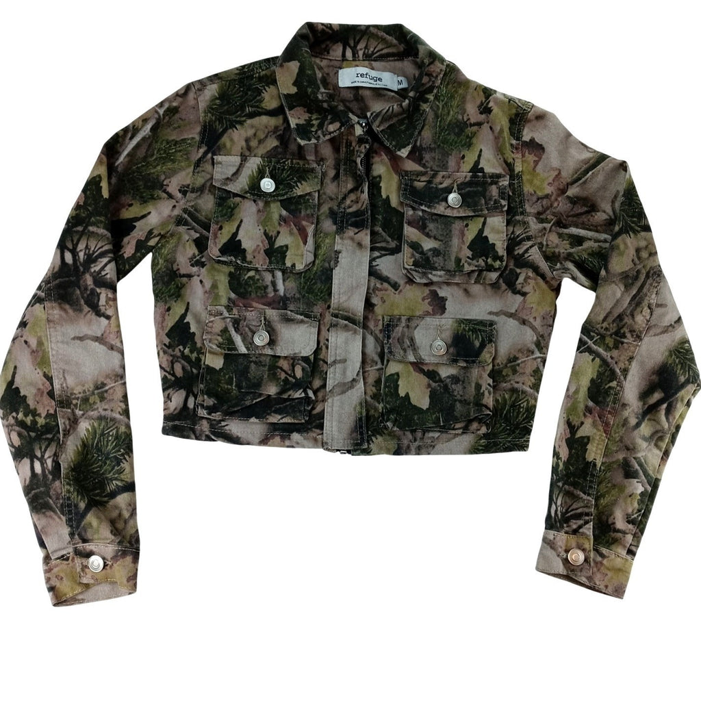 Refuge Camouflage Cropped Denim Jacket Women Size M Utility Pockets Casual