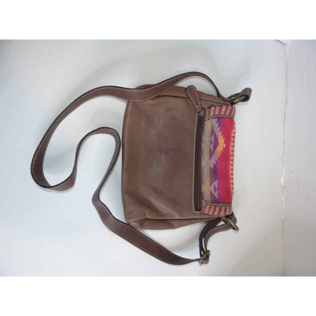 Brown Leather Southwestern Woven Flap Crossbody Bag Whipstitch Detail Boho