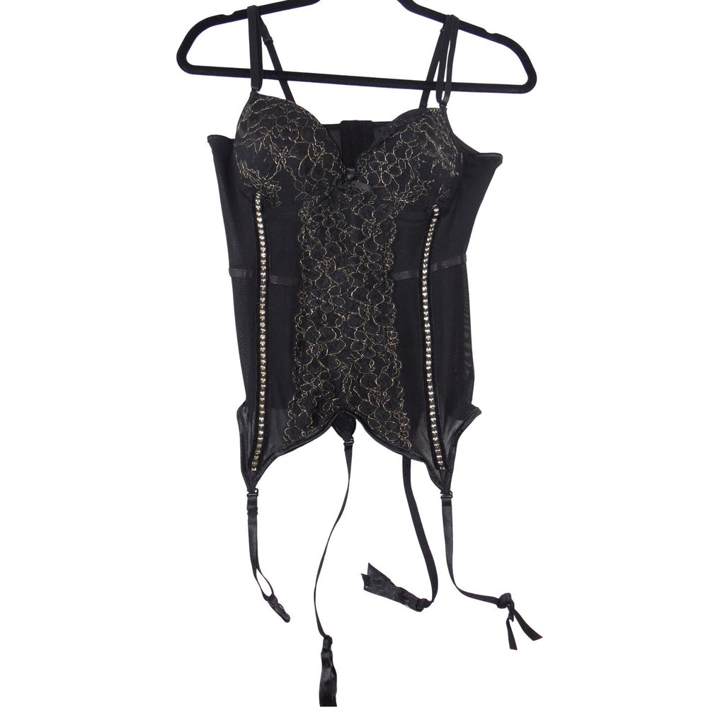 Black Gold Lace Floral Rhinestone Garter Corset Bustier Hook Eye Back S/M