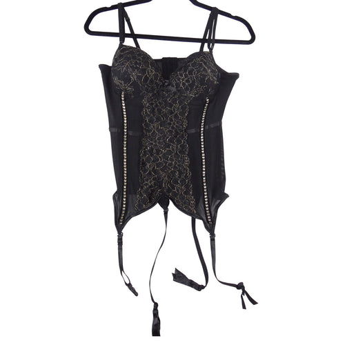 Black Gold Lace Floral Rhinestone Garter Corset Bustier Hook Eye Back S/M