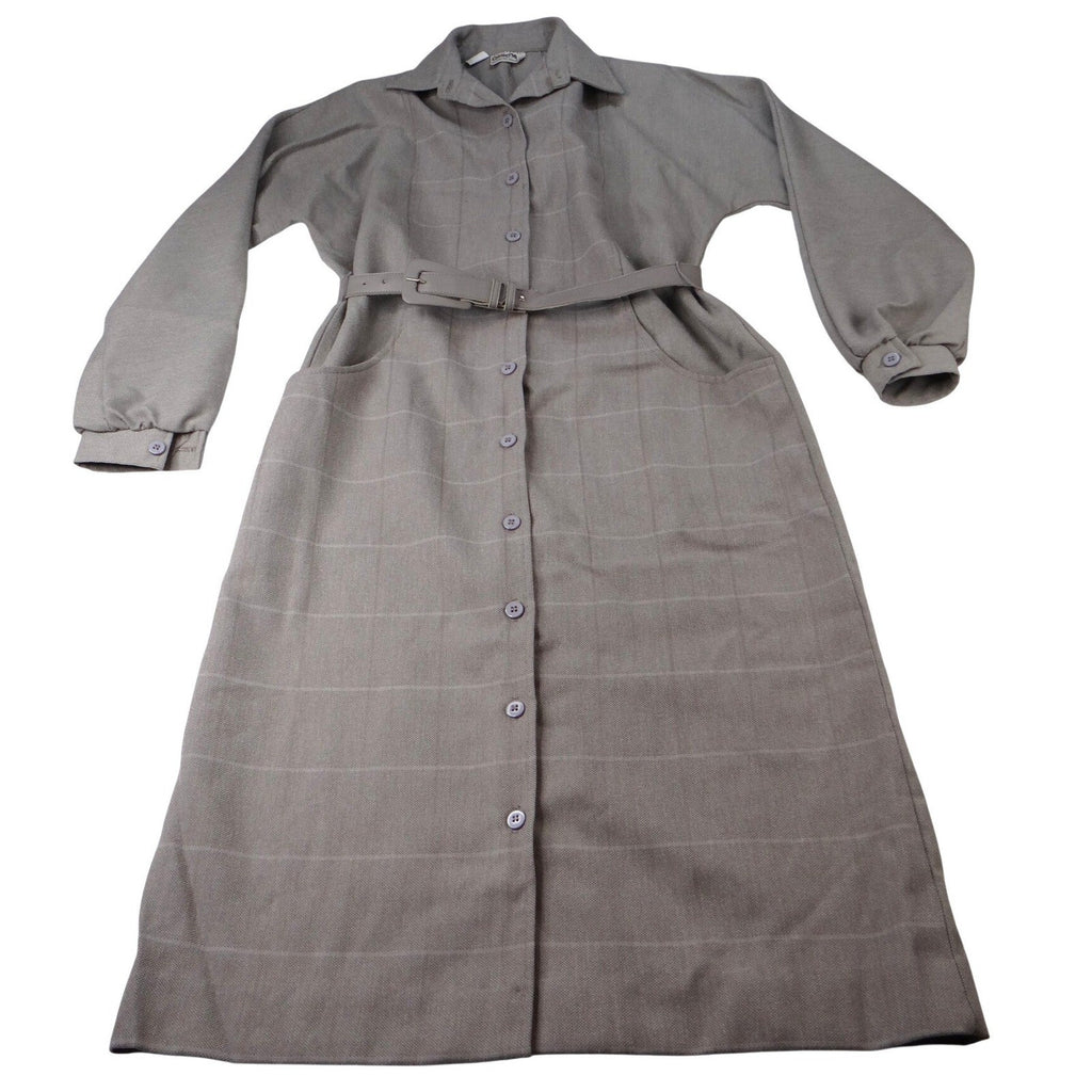 Vintage Country Miss Grey Plaid Button Front Belted Dress Women's Size 8 Wool