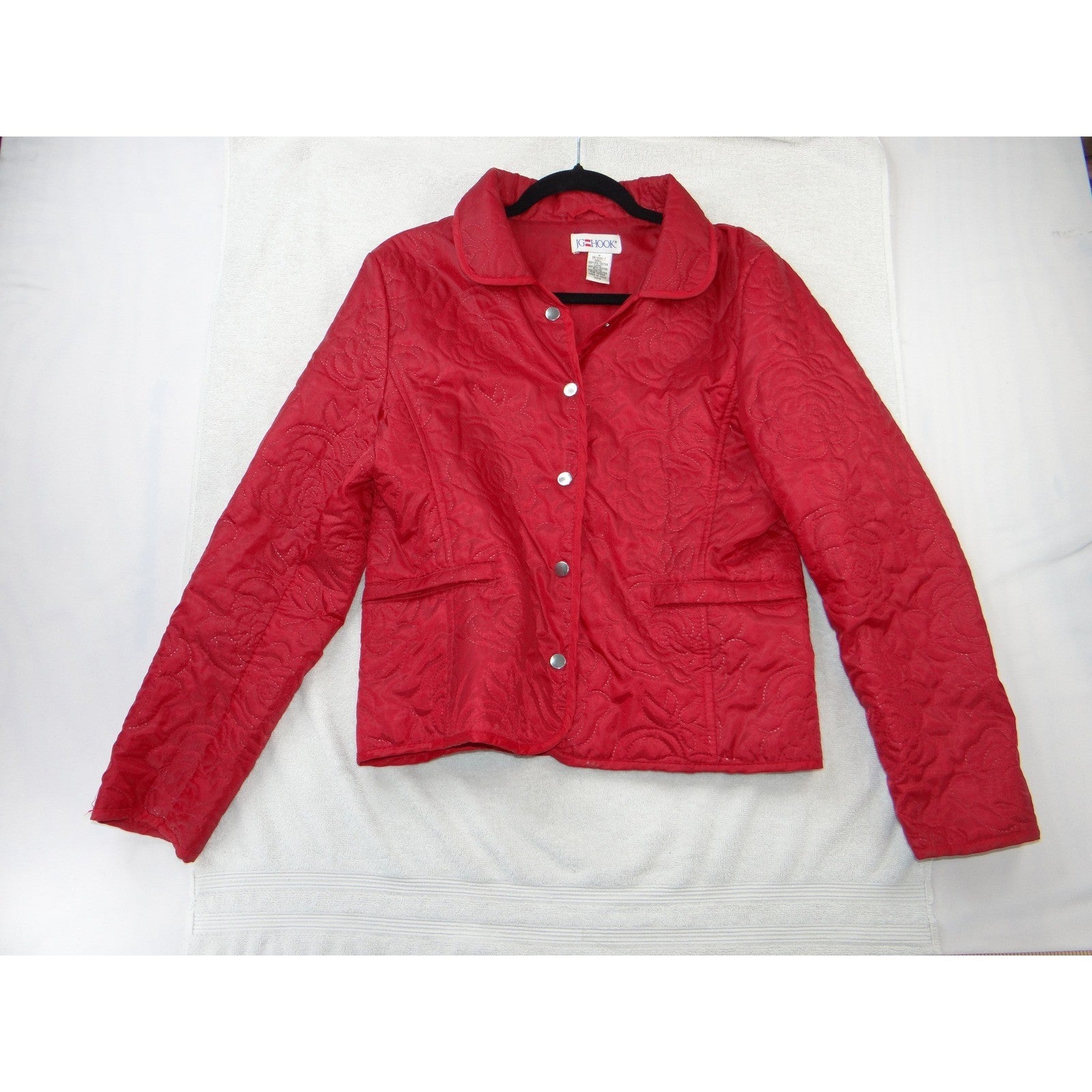 Vintage JG Hook Red Quilted Floral Rose Snap Front Jacket Womens Size Medium