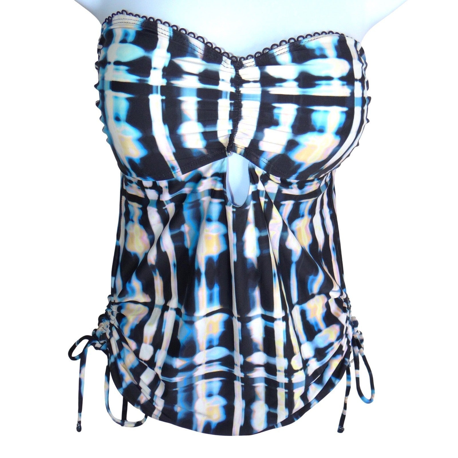 Lucky Brand Womens Blue Black Abstract Tie Dye Lace Up Strapless Tankini Top L