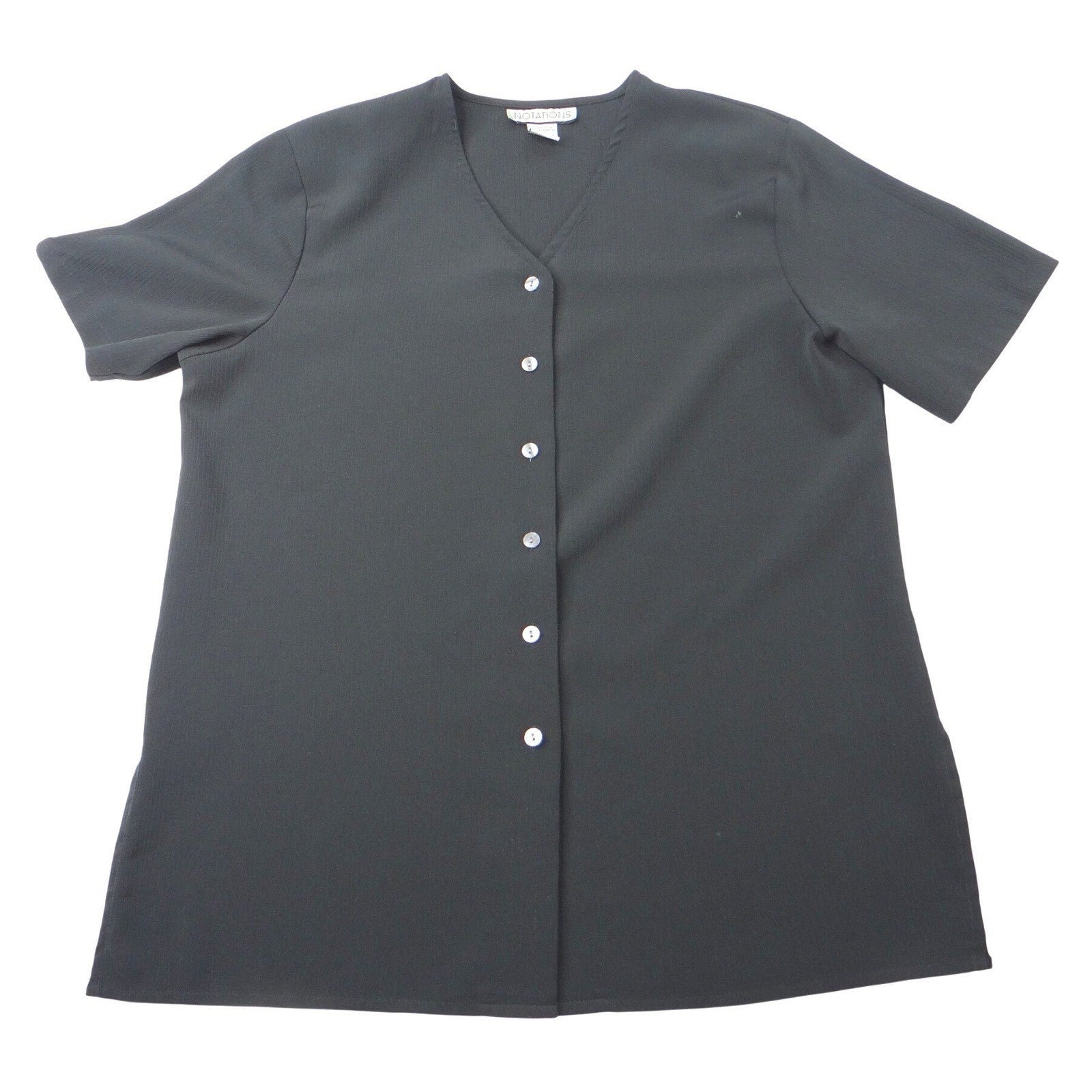 NOTATIONS Black Short Sleeve V Neck Button Front Tunic Top Women's Size M