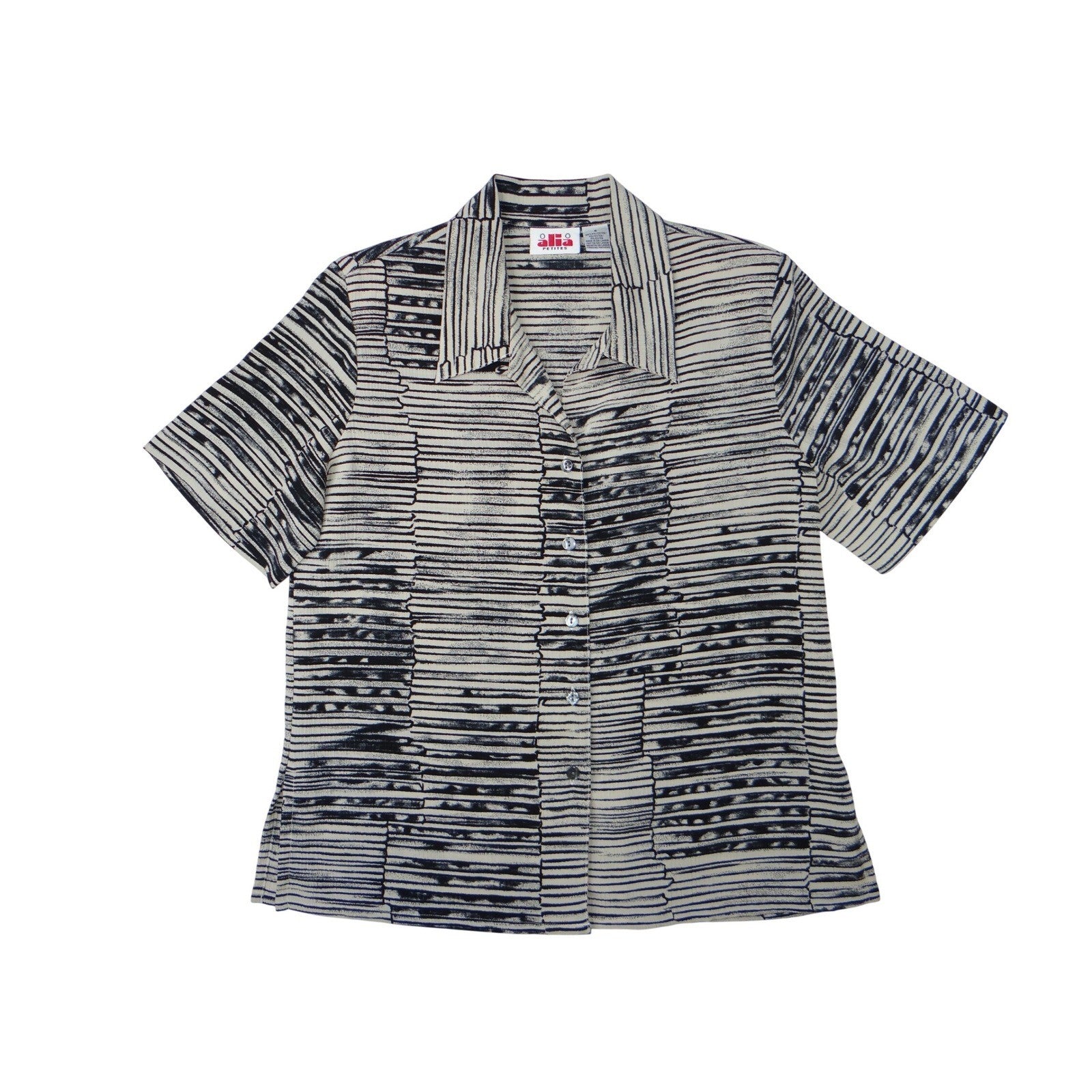 Vintage Alia Petites Women Size 8 Button Down Short Sleeve Striped Blouse Top