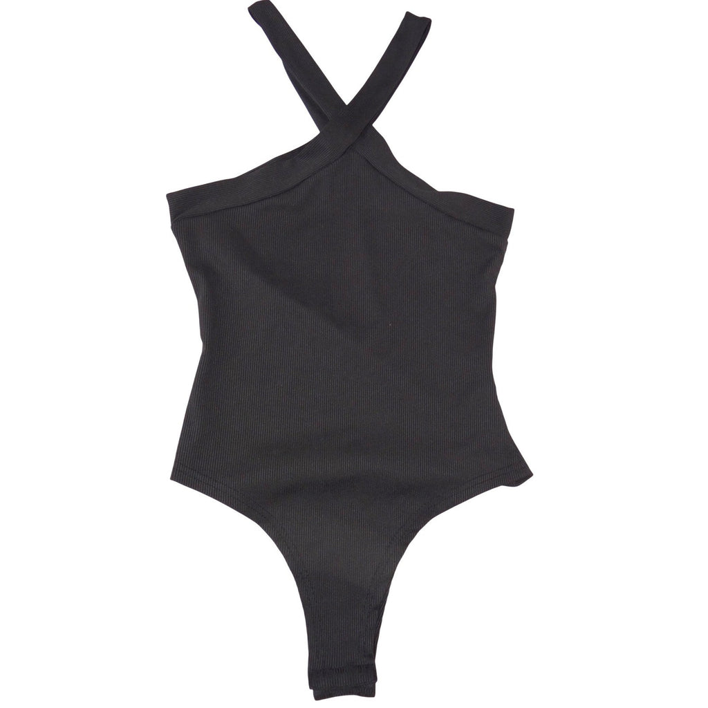 Fresral Womens Ribbed Halter Bodysuit Black Criss Cross Neck Sleeveless Small