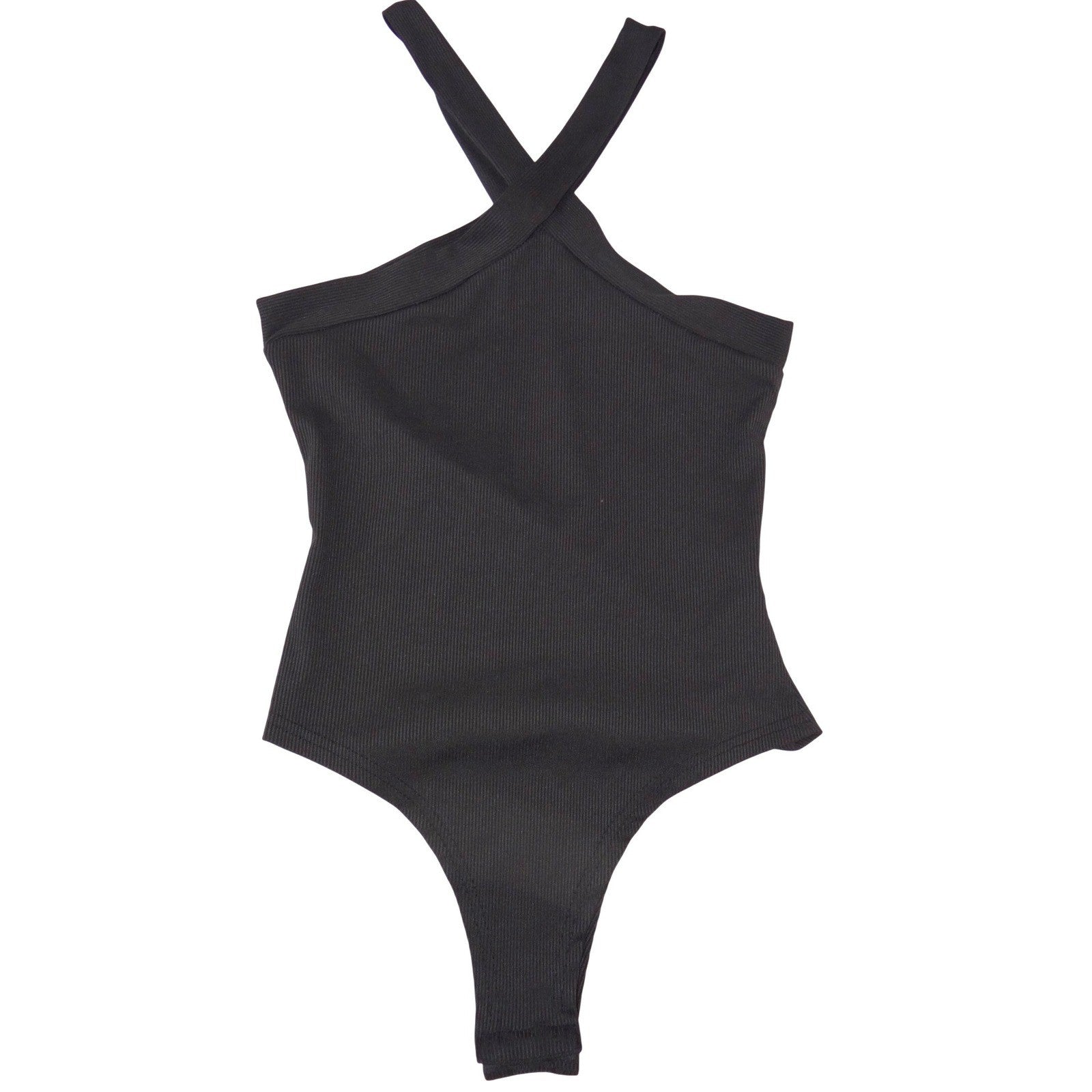 Fresral Womens Ribbed Halter Bodysuit Black Criss Cross Neck Sleeveless Small