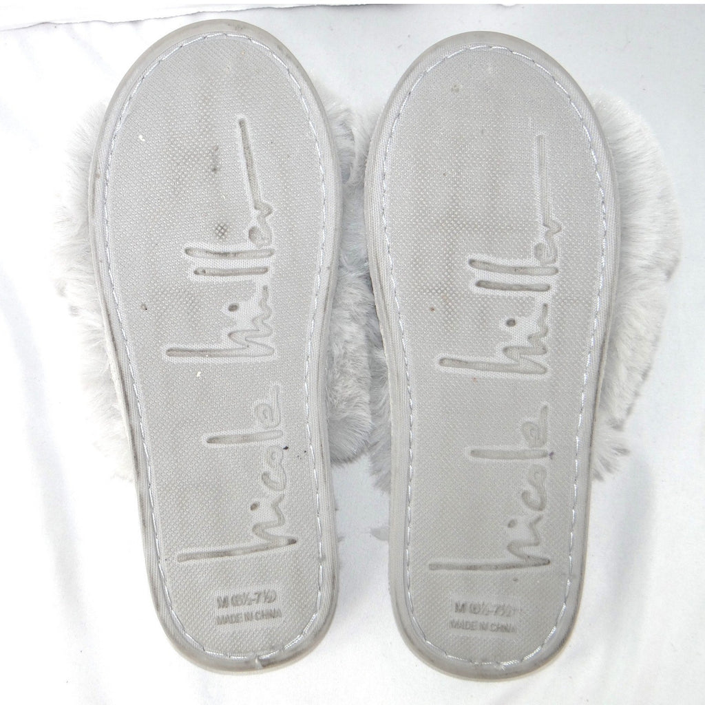 Nicole Miller New York Womens Faux Fur Criss Cross Slippers Grey Size M 6.5-7.5