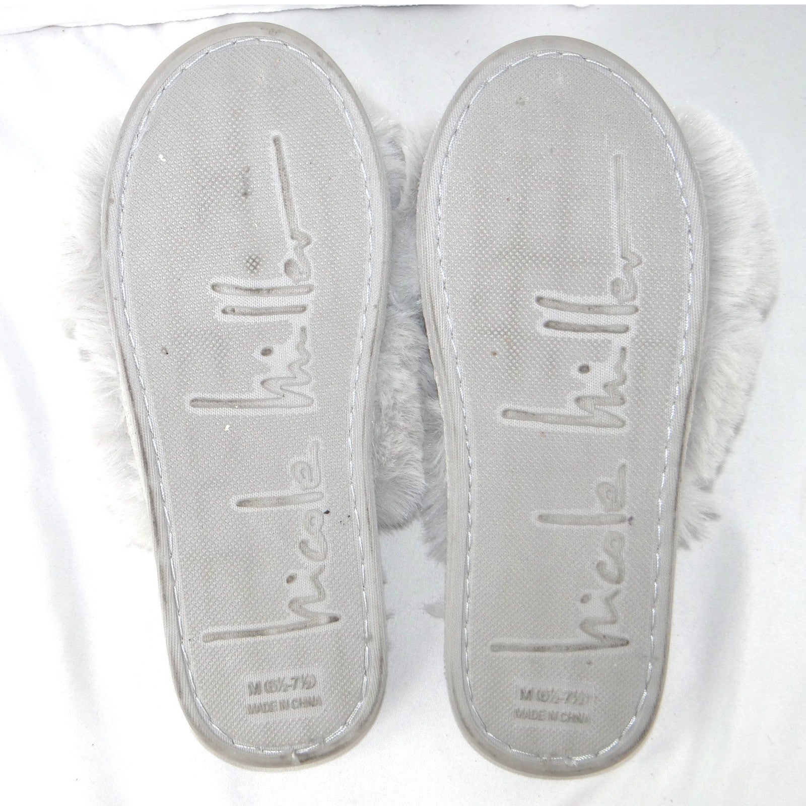 Nicole Miller New York Womens Faux Fur Criss Cross Slippers Grey Size M 6.5-7.5