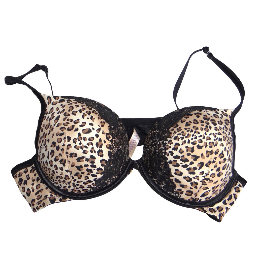 Cacique Leopard Print Lace Trim Plunge Underwire Padded Bra Tan Black 44B