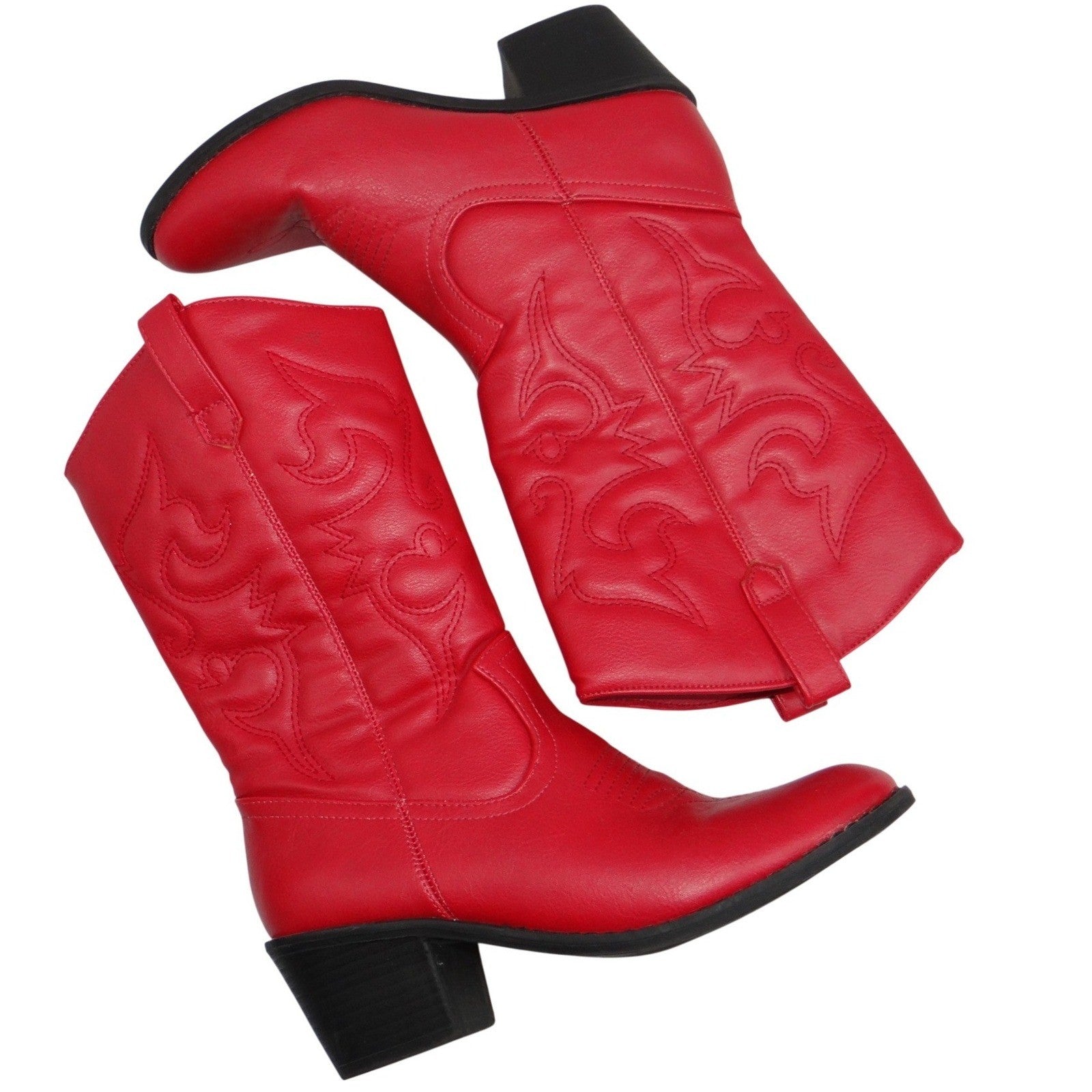 Red Faux Leather Cowgirl Boots Women's Size 6M US Embroidered Chunky Heel