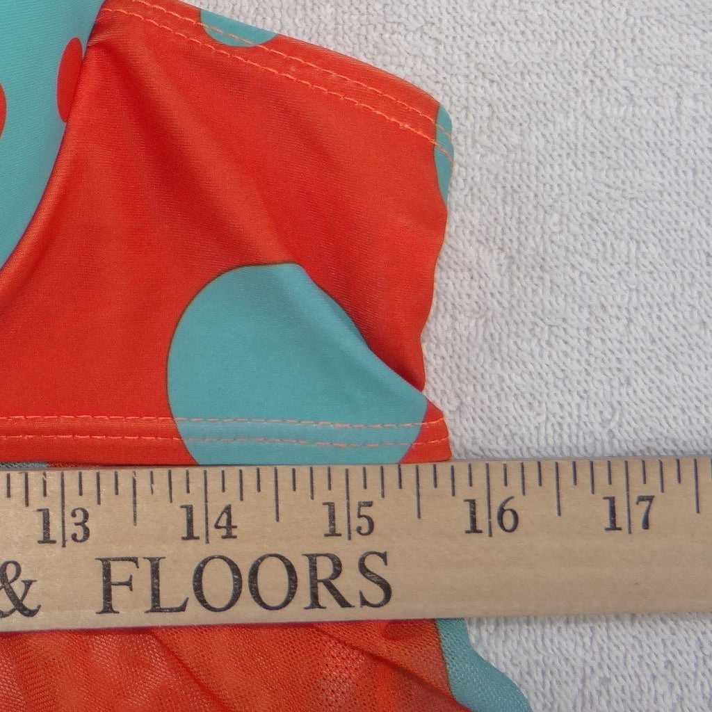 Orange Turquoise Polka Dot Halter Swim Dress Padded Mesh Handkerchief Hem Large