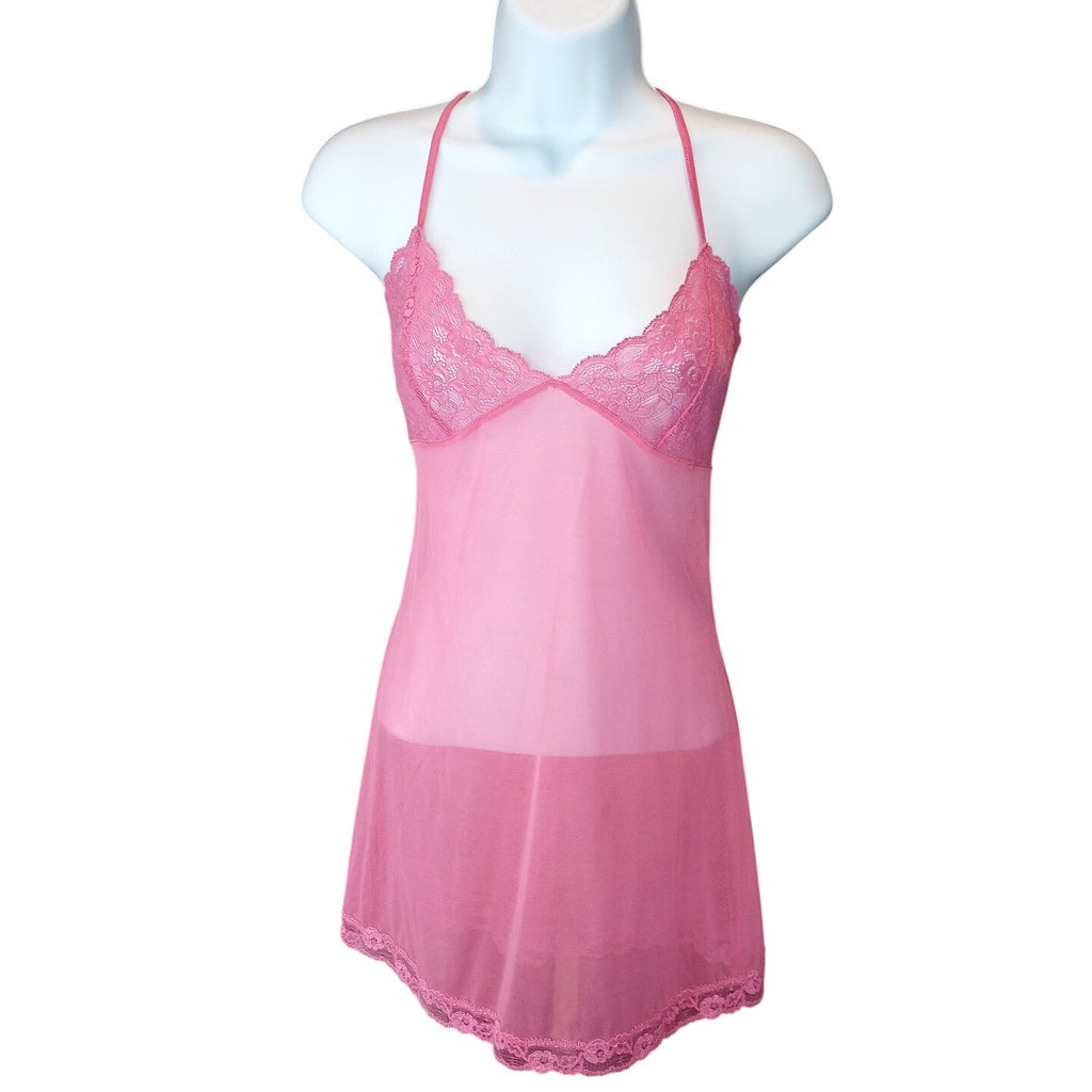 Victoria's Secret Pink Lace Trim Sheer Babydoll Chemise Lingerie Size M