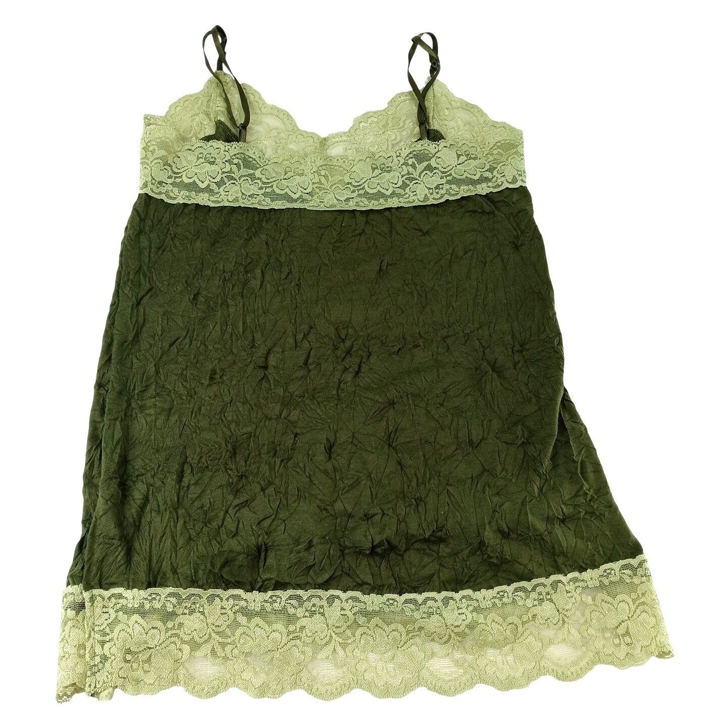 Y2K Xhilaration Olive Green Lace Trim Crinkle Camisole Top Women's Size M