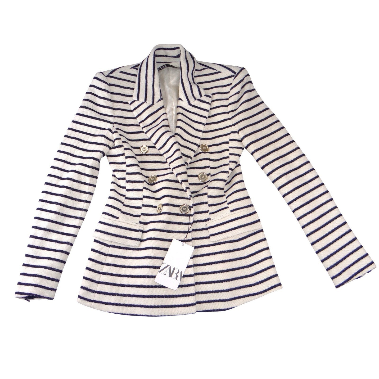 NWT-Zara Womens Navy White Striped Double Breasted Blazer Gold Buttons