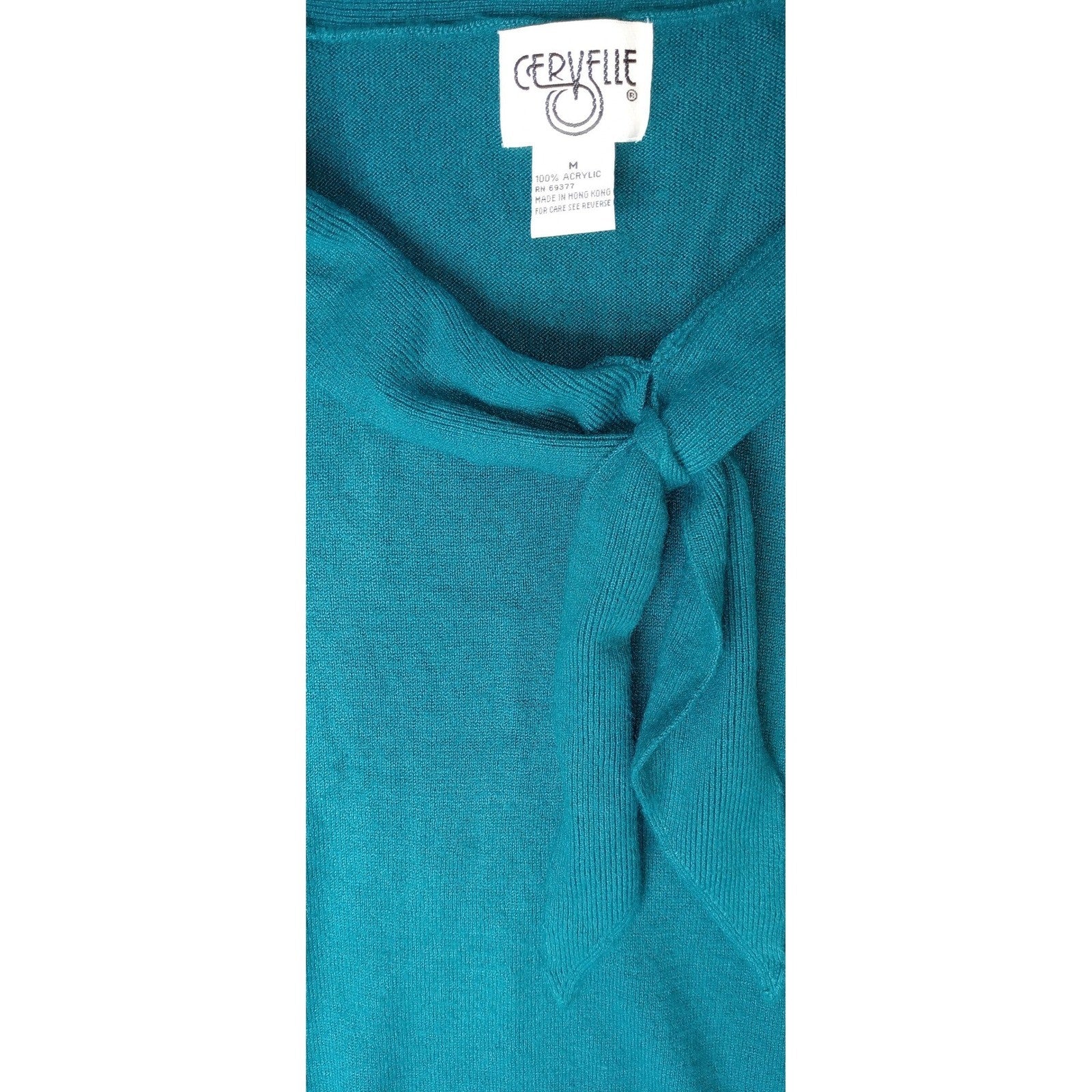 Gervele Teal Blue Ribbed Knit Mock Neck Tie Neck Sweater Top Women's Medium
