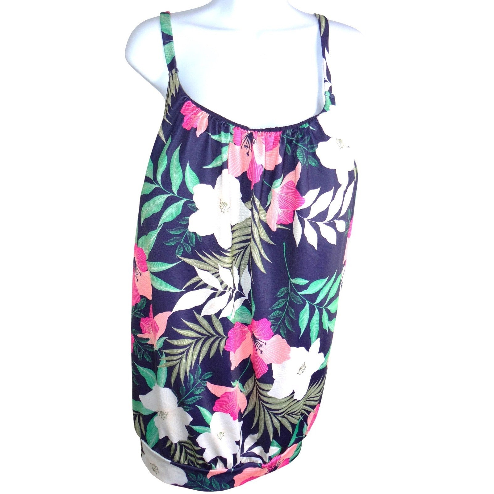 Lane Bryant Womens 22 Floral Blouson Tankini Top Navy Pink Tropical Swim