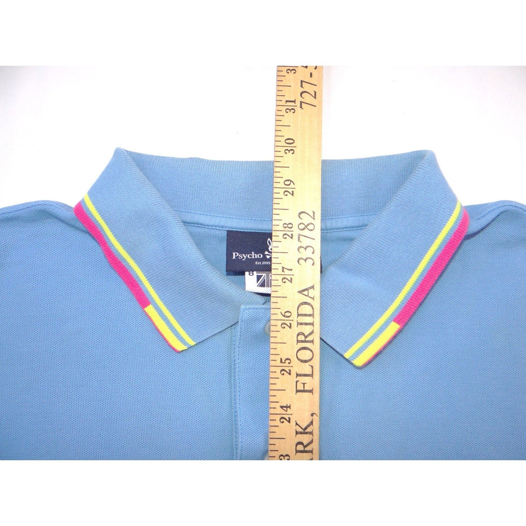 Psycho Bunny Mens Blue Polo Shirt Embroidered Bunny Skull Logo Trim Size 8