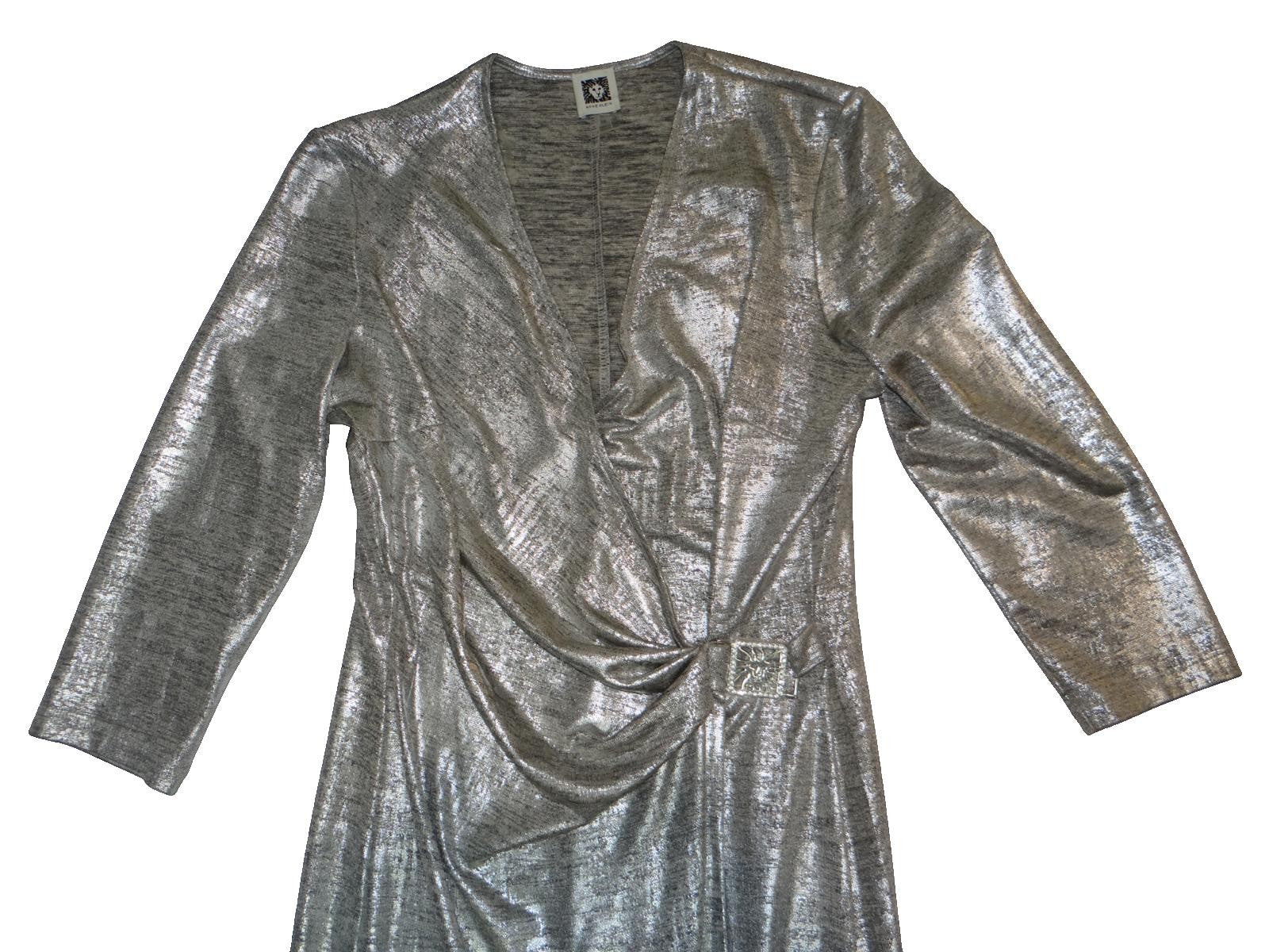 Anne Klein NWOT Silver Metallic Long Sleeve Wrap Dress with Decorative Buckle