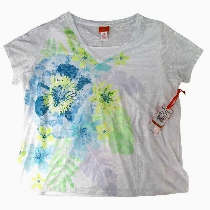 NWT-Hearts of Palm Woman 3X White Floral Print V Neck T Shirt Rhinestones
