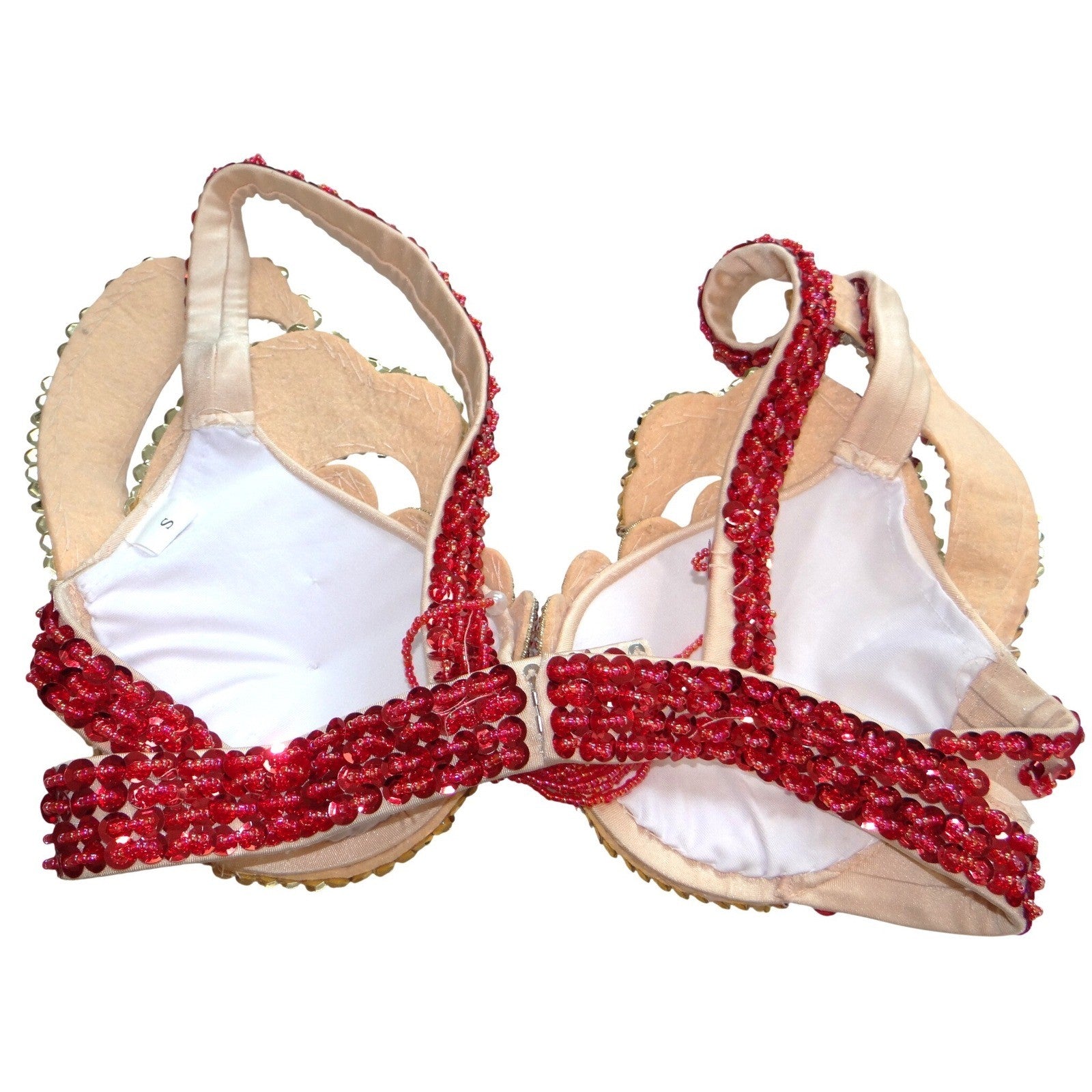 Red Gold Beaded Sequin Rhinestone Mermaid Shell Bra Top Festival Dance Small