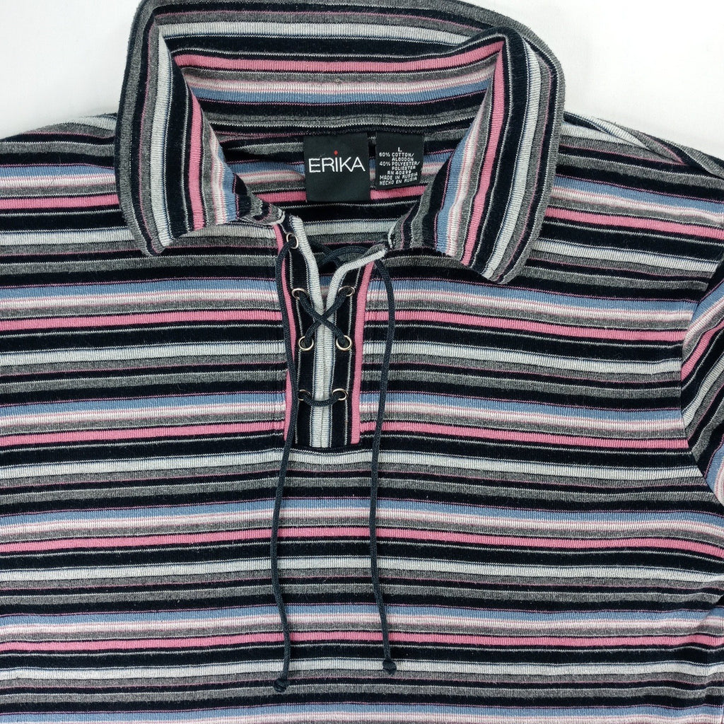VTG Erika Striped Lace Up Collar Long Sleeve Womens Sz L Pink Black Gray Blue