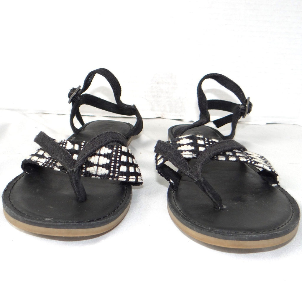 TOMS Lexie Black White Woven Geometric Ankle Strap Flat Sandals Womens 7.5