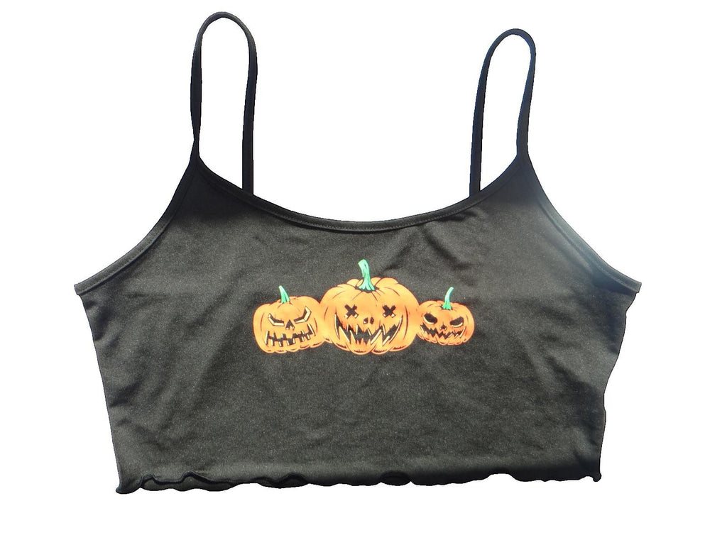 Black Women's Crop Tank Top with Halloween Pumpkin Print